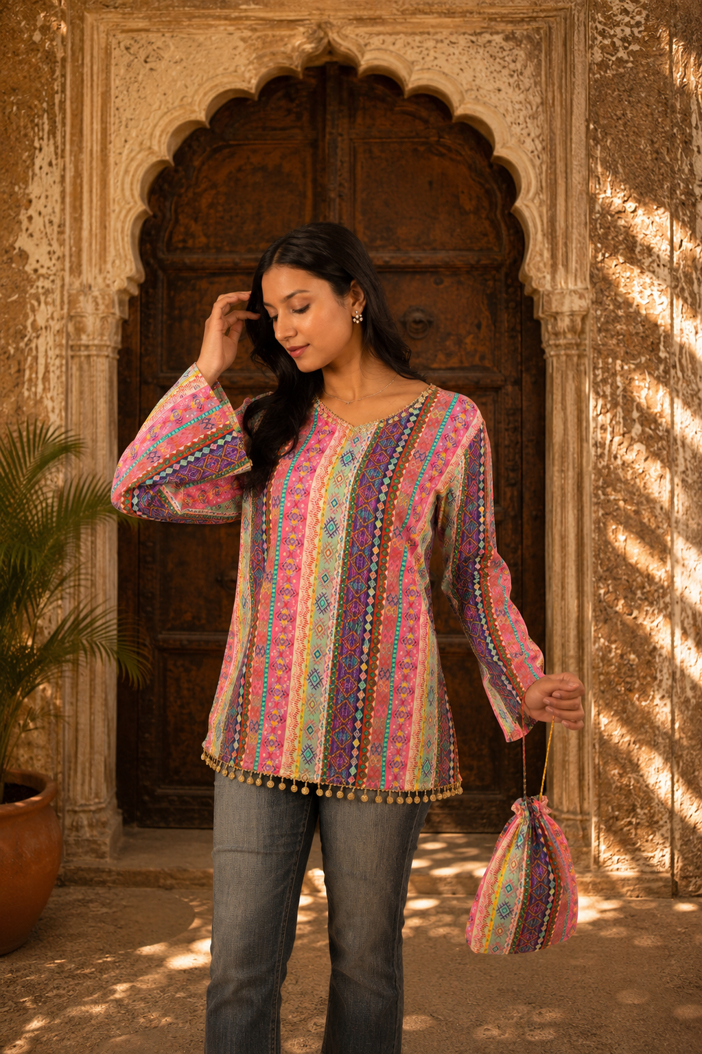 Rangsaaz Short kurti with potli bag and earings and bracelet