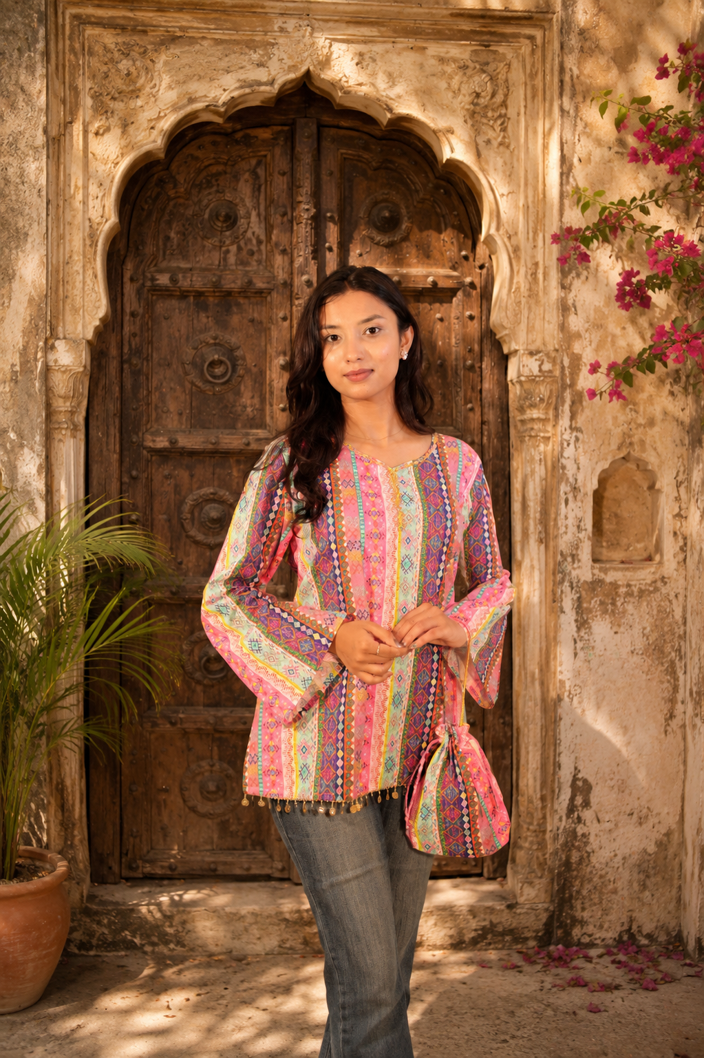 Rangsaaz Short kurti with potli bag and earings and bracelet