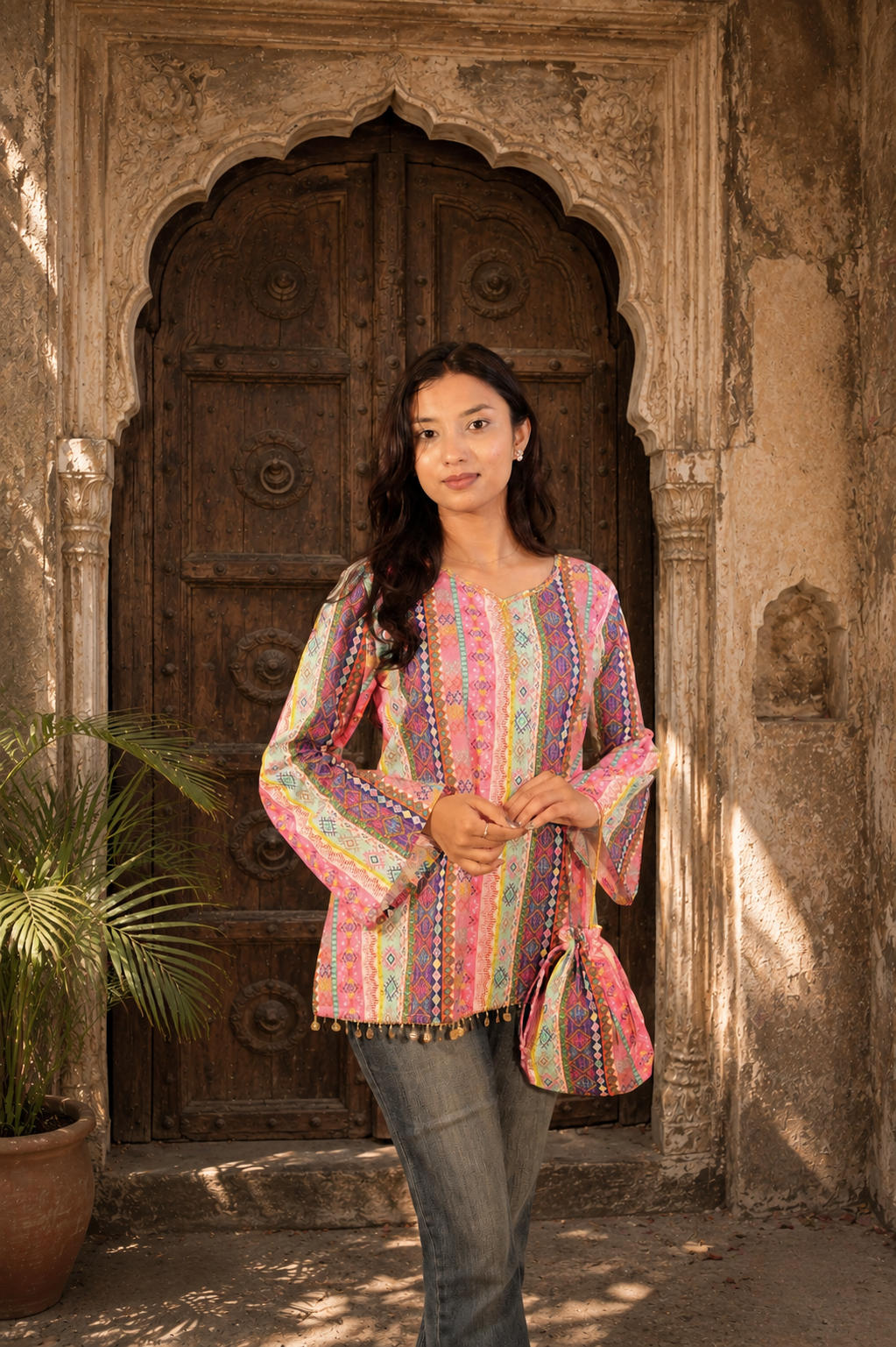 Rangsaaz Short kurti with potli bag and earings and bracelet