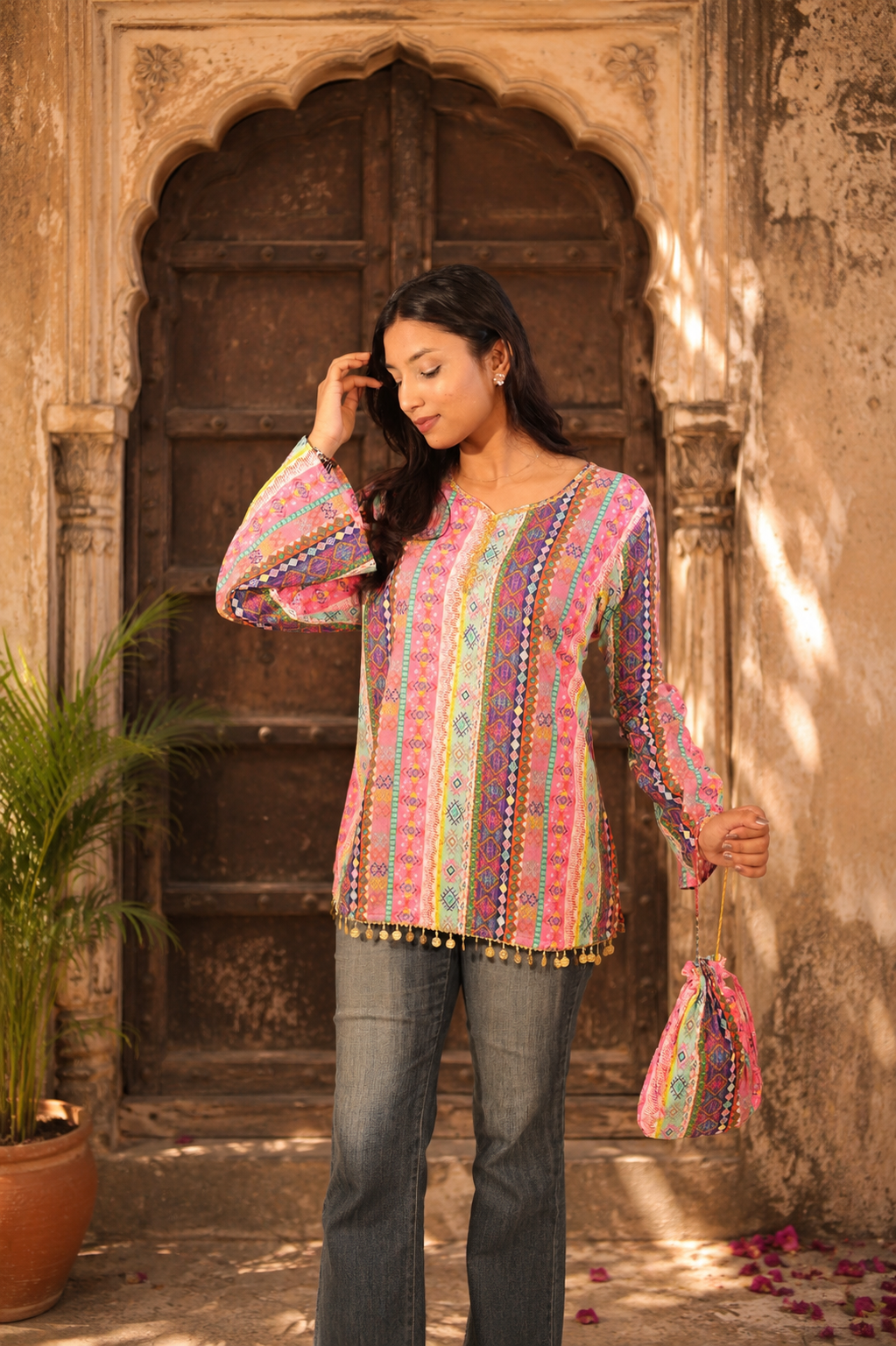 Rangsaaz Short kurti with potli bag and earings and bracelet