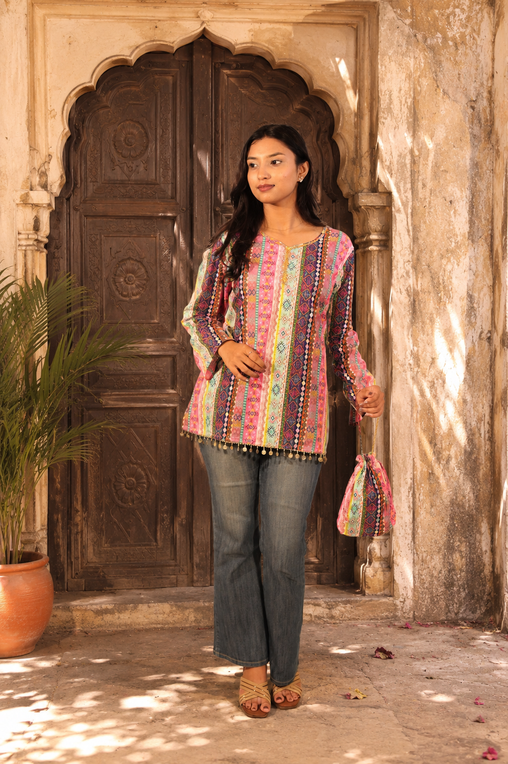 Rangsaaz Short kurti with potli bag and earings and bracelet
