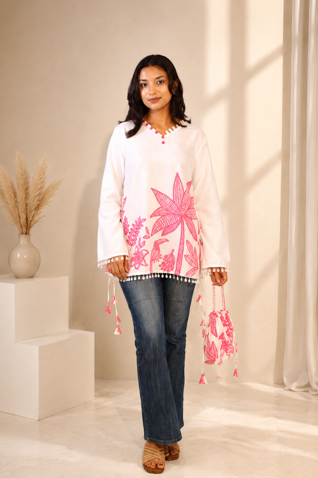 (Pink Oasis Short Kurti) Short kurti with potli bag and earings and bracelet