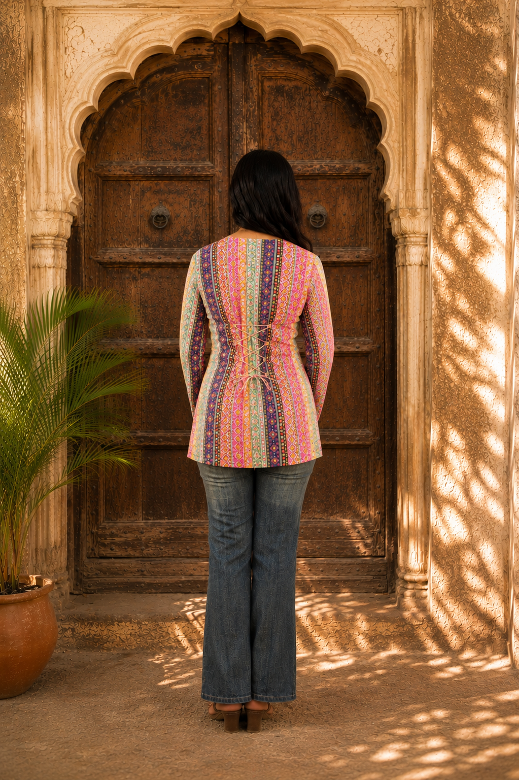 Rangsaaz Short kurti with potli bag and earings and bracelet