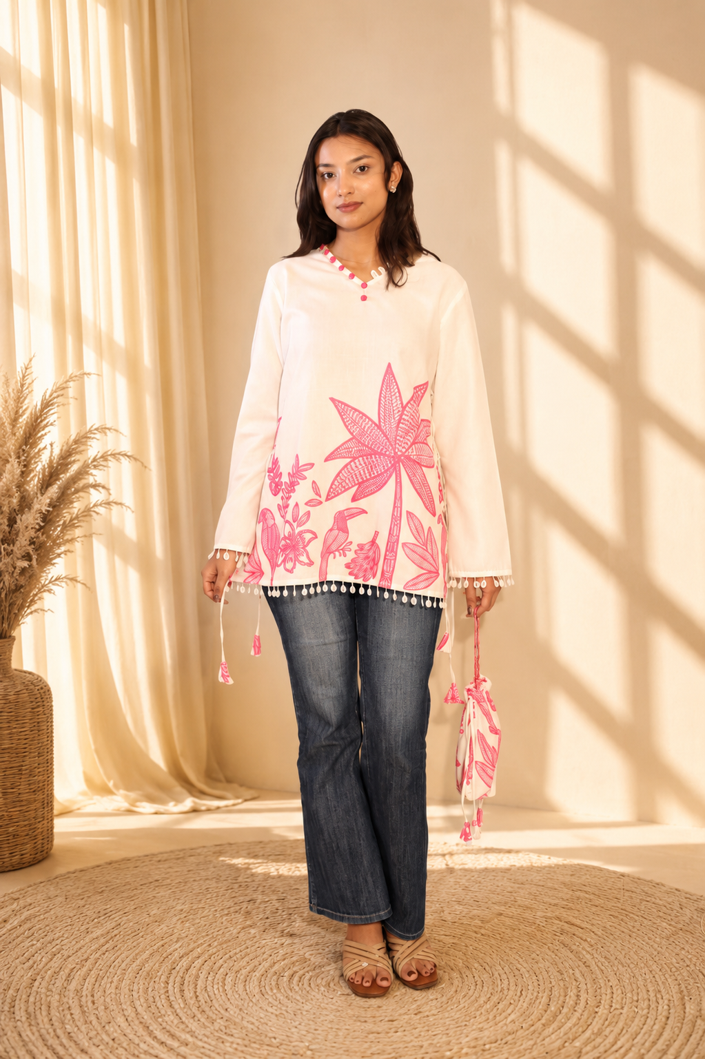 (Pink Oasis Short Kurti) Short kurti with potli bag and earings and bracelet