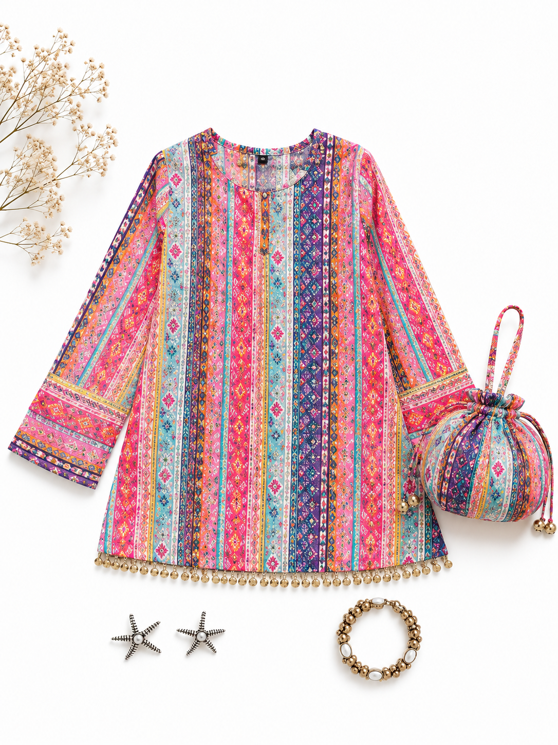 Rangsaaz Short kurti with potli bag and earings and bracelet