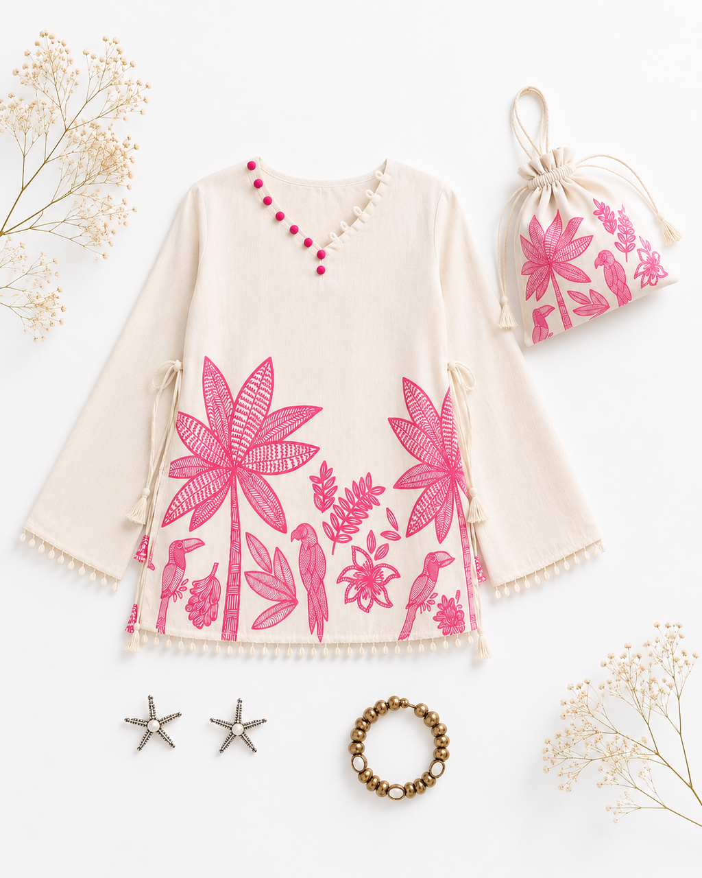 (Pink Oasis Short Kurti) Short kurti with potli bag and earings and bracelet